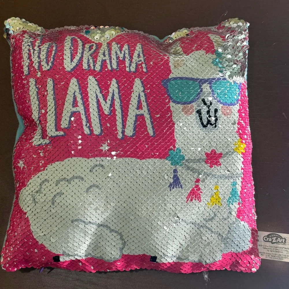 No Drama Llama Sequin Flip Pillow – Pink & Silver – 8.5” × 8.5” – Like New